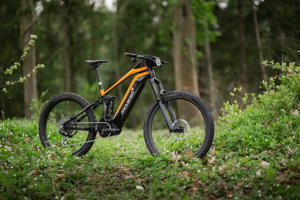 Mclaren's new electric mountain bike in the forest