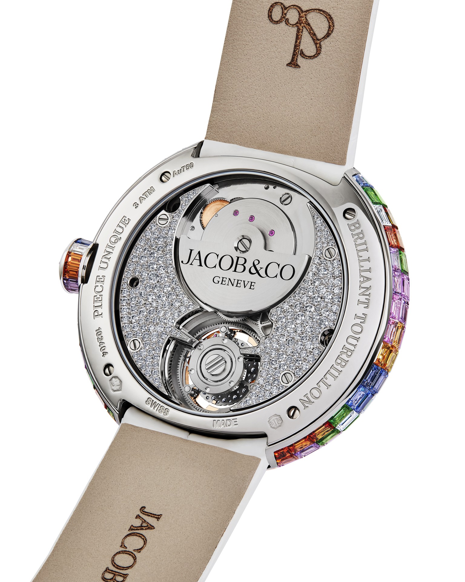 Rear view of the Jacob and Co Brilliant Flying Tourbillon Baguette Pastel Arlequino