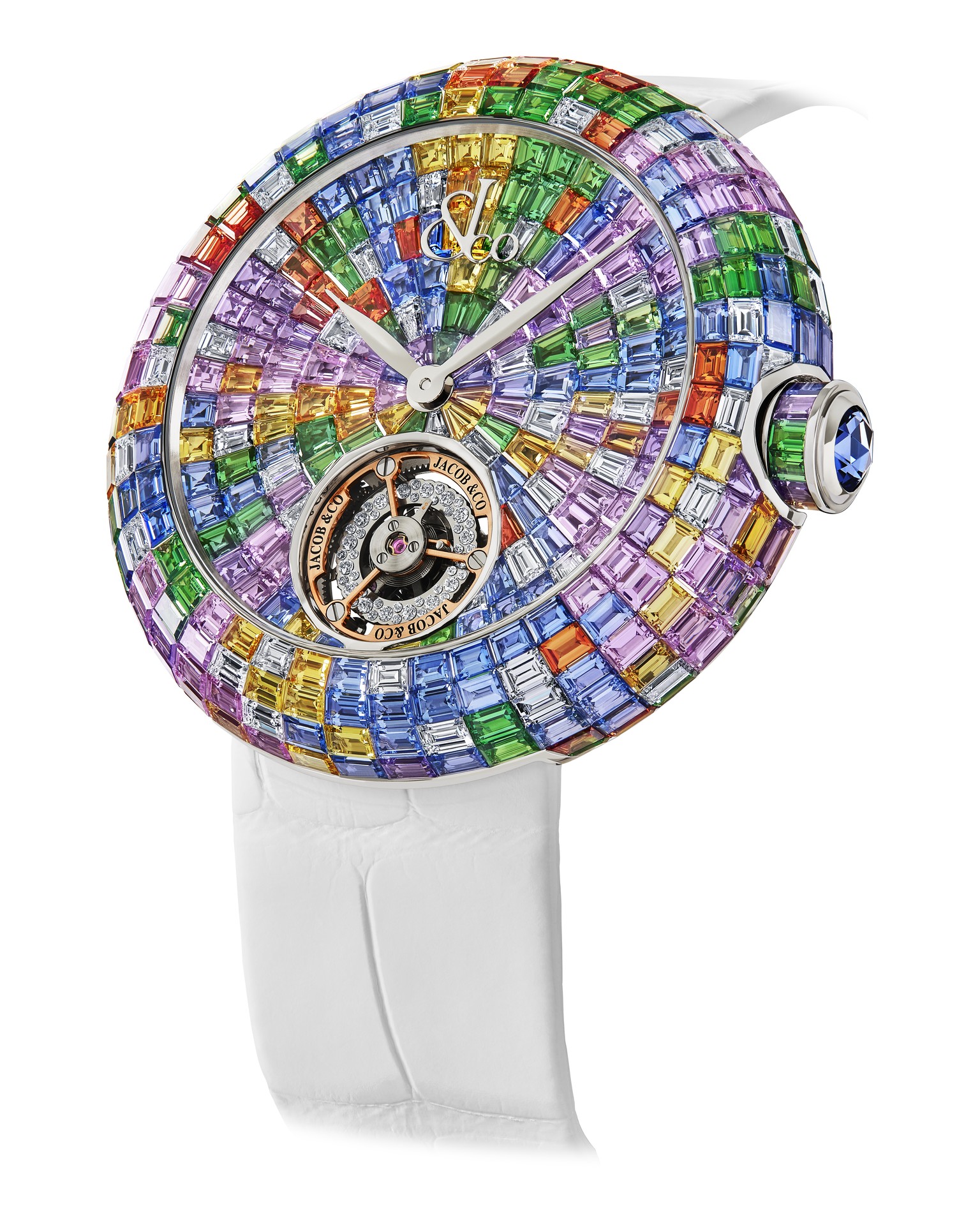 Jacob and Co Brilliant Flying Tourbillon Baguette Pastel Arlequino in a full product view