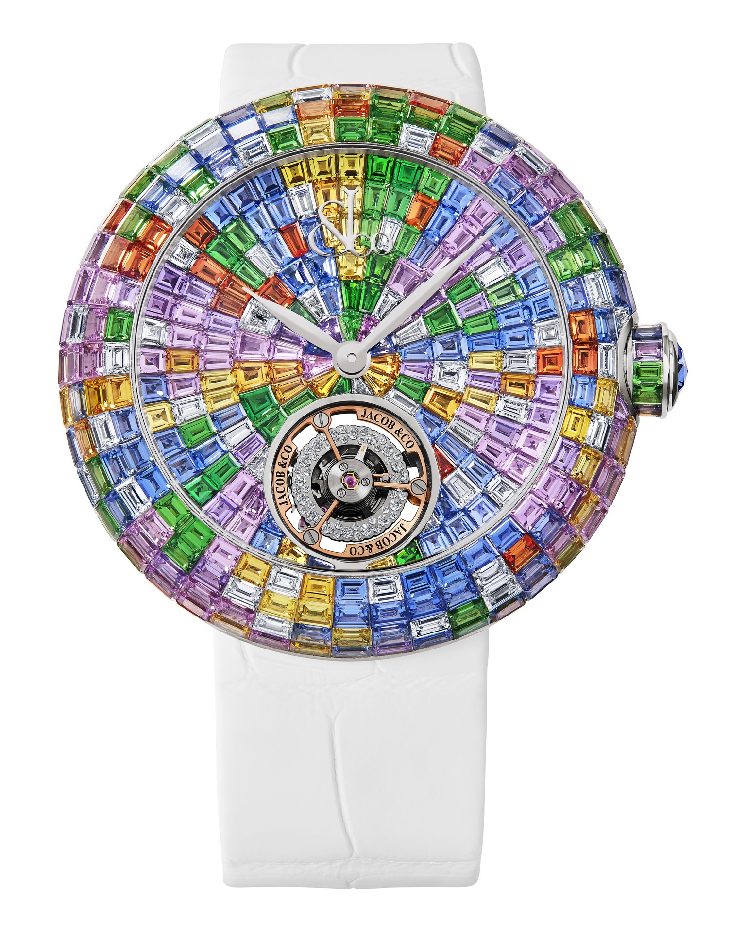 Jacob and Co timepiece showing its diamond-set balance wheel and flying tourbillon